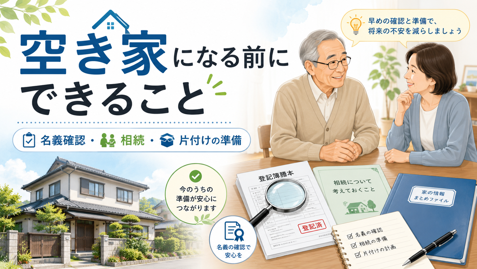 空き家になる前に実家の名義確認や相続、片付けの準備をするイメージ