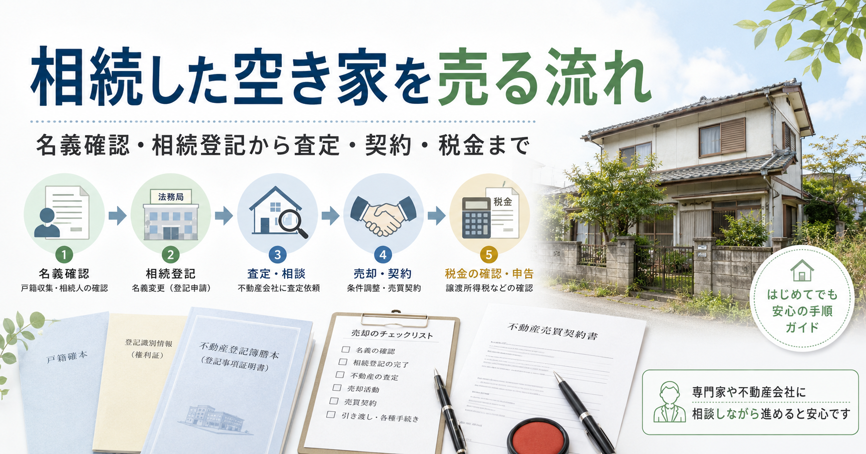 相続した空き家を売る流れを、名義確認、相続登記、査定、売却契約、税金確認の順に示したアイキャッチ画像