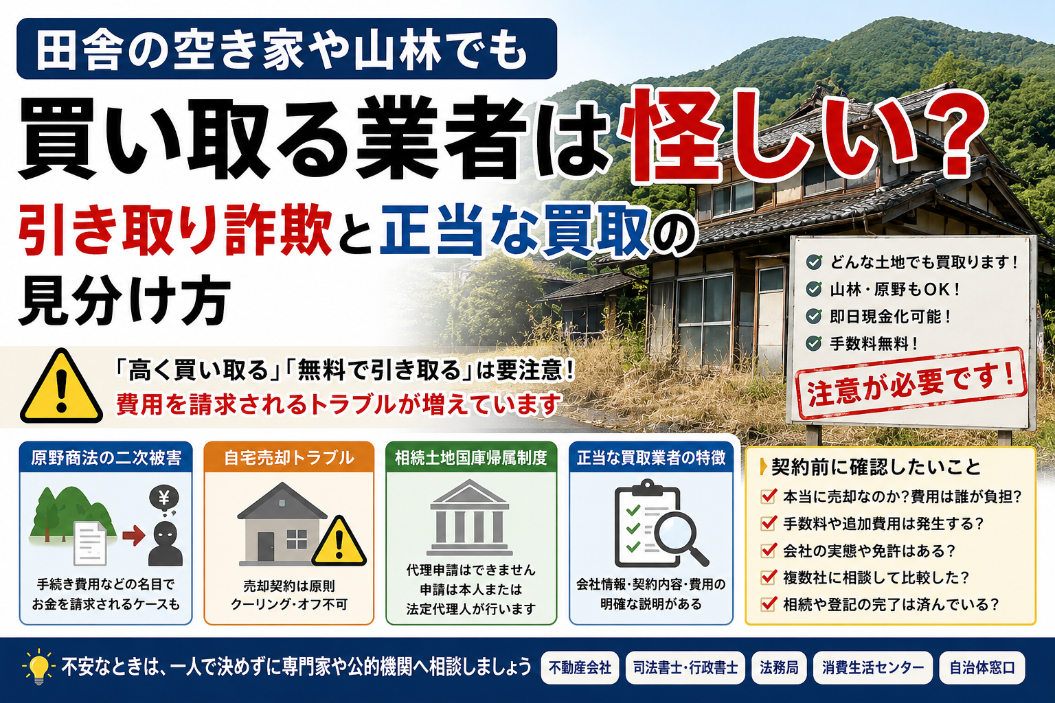 田舎の空き家や山林を買い取る業者について、引き取り詐欺や費用請求トラブル、正当な買取の見分け方を解説するイメージ