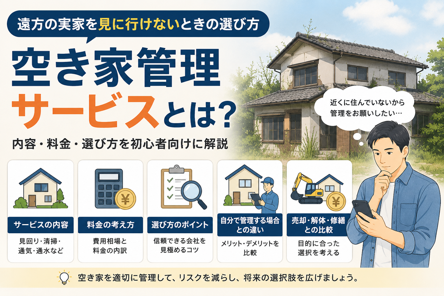 空き家管理サービスとは何かを遠方の実家管理に悩む人向けに解説するアイキャッチ画像